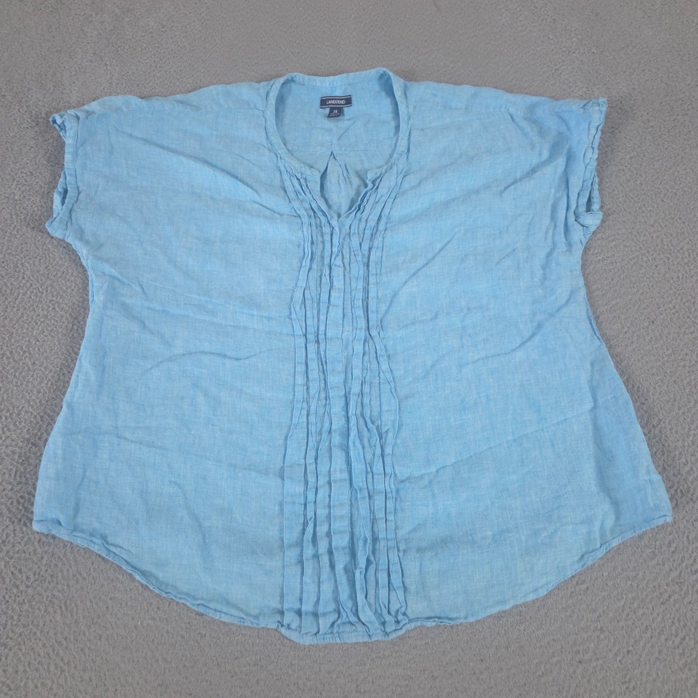 Lands' End Top Womens 2X Blue Pintuck Linen Tunic Short Sleeve Blouse Shirt Boho